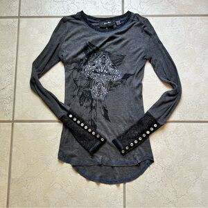 Miss Me Gray Long Sleeve Graphic Embellished Tee